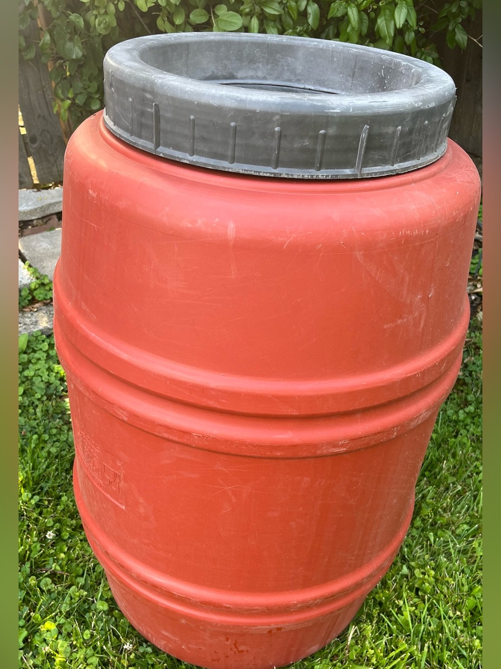 Large Red Plastic Storage Barrel with Gray Screw Lid